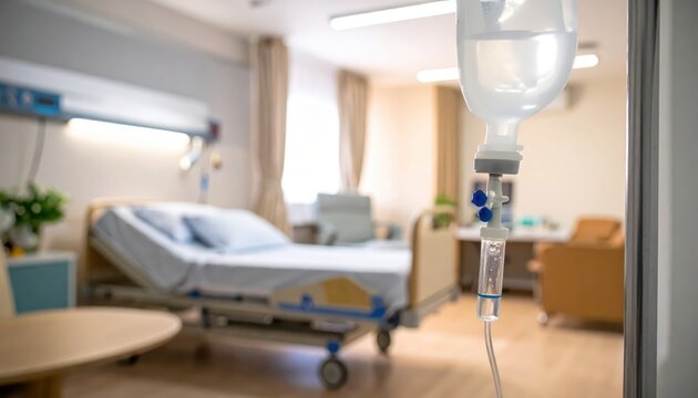 Hospital room with medical infusion drip bag and patient bed for treatment and recovery