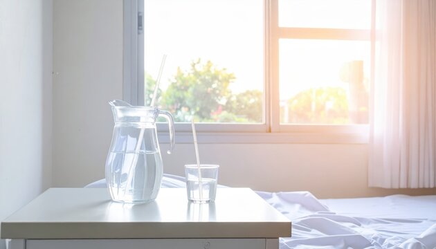 Hospital water pitcher and cup with straw on a patient's bedside table near a sunlit window