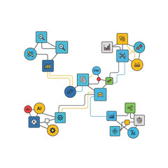 Fototapeta premium Abstract infographic with interconnected icons related to artificial intelligence and data analysis.