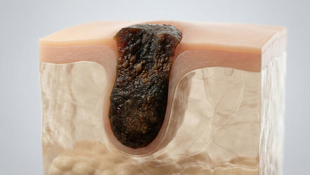 Scientific cross-section of skin illustrating a deep blackhead blockage in a pore for dermatology.