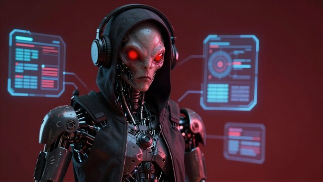 A menacing alien figure with glowing red eyes and robotic enhancements stands amidst floating holographic interfaces against a dark, ominous backdrop.
