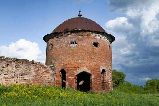 The ancient tower of the Saburovskaya Fortress on a May day. Oryol Oblast, Russia