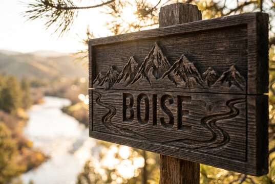 Boise Wooden Sign Overlooking Mountain Valley Landscape