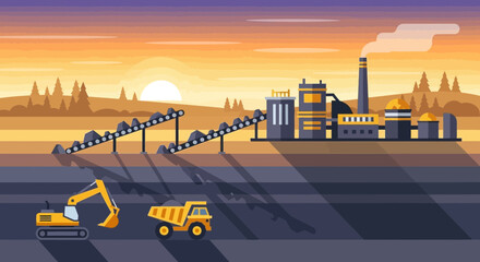 Coal mining operation with excavators, conveyor belt, and factory at sunset. © Kartin