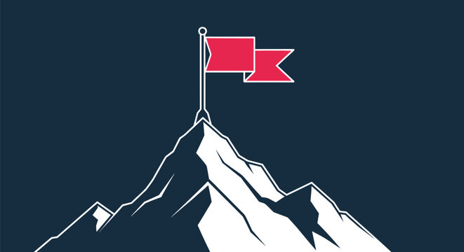 success concept showing a red flag planted on the snowy peak of a high mountain under a dark blue sky representing achievement.