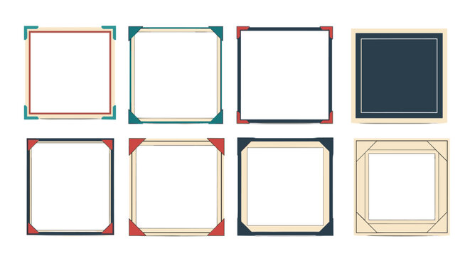 collection of vintage style photo frames with corner mounts in various colors like teal red and blue for scrapbooking layout.