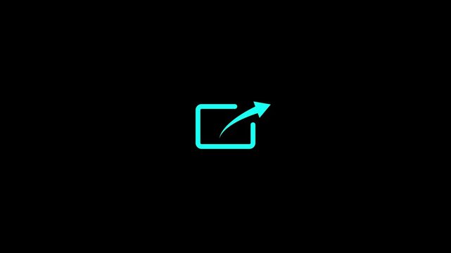 Glowing cyan neon external link share icon on black background