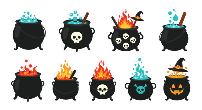 assortment of witch cauldrons for halloween with magical contents like blue bubbles green skulls orange fire and black hats.