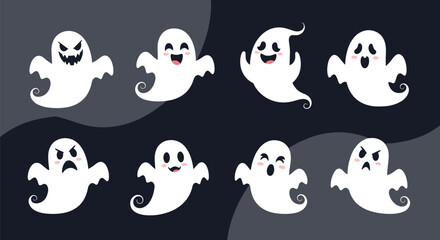 Obraz premium Various cute cartoon ghosts with different expressions and poses on a dark background are perfect for spooky Halloween designs.