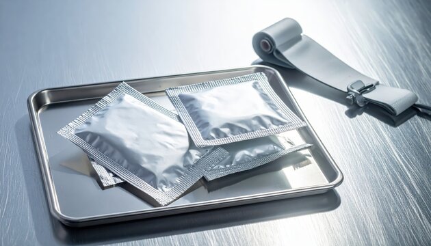 Individual alcohol prep pads scattered on a metal tray with a roll of material in the background