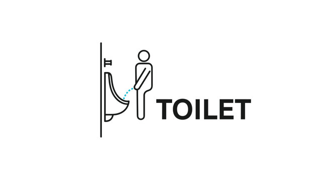 Minimalist toilet sign showing a man figure using a urinal with the word TOILET in bold black letters on a plain white background.