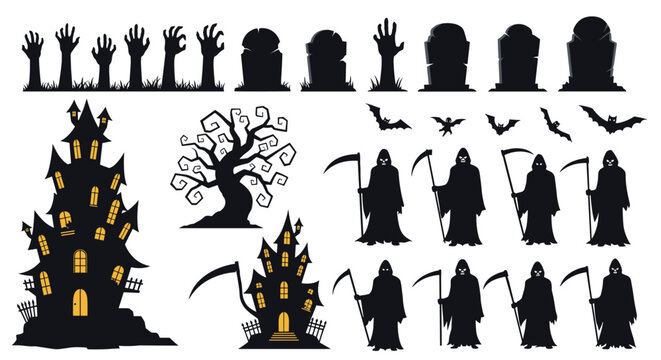 Large collection of Halloween themed black silhouettes including haunted houses, grim reapers, bats, trees, and hands rising from graves.