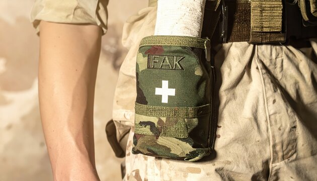 Individual first aid kit pouch IFAK in camouflage with tourniquet attached to a soldier's uniform