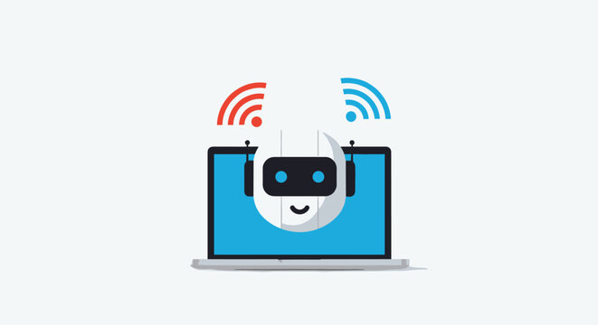 Modern illustration of a friendly robot head on a laptop screen with red and blue wireless signal icons to represent ai customer support.