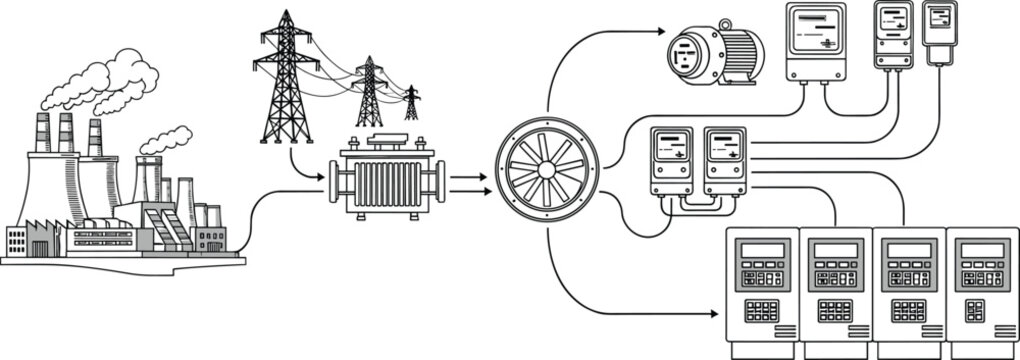 High Voltage Electrical Power Grid Diagram with Transformers, Transmission Lines, Generators, Meters, and Substation Components for Industrial and Energy Designs