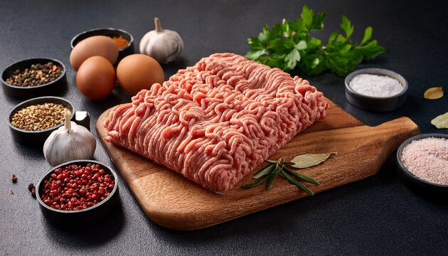 raw chicken minced meat on cutting board and ingredients ground meat with ingredients for cooking on dark background close up