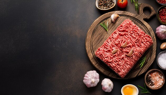 raw minced meat on cutting board and ingredients ground meat with ingredients for cooking on dark background with copy space top view