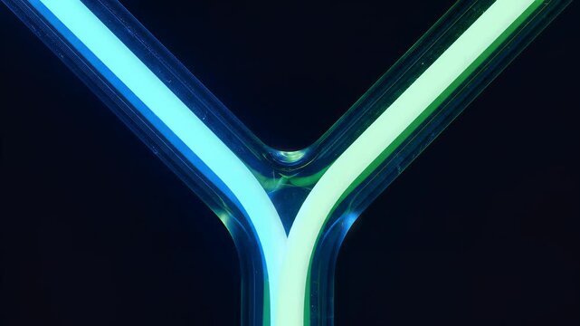 Abstract Blue Neon Light Flowing Through Y-Shaped Tube.