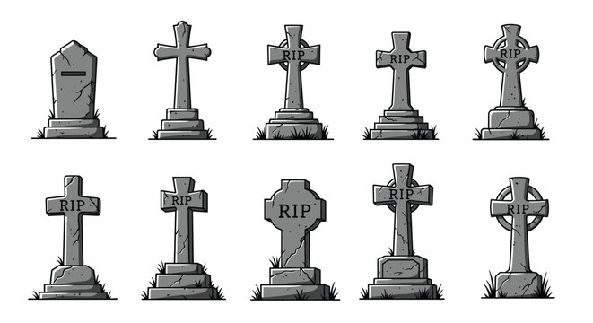 Collection of various grey stone gravestones and crosses with RIP inscriptions on small patches of green grass.