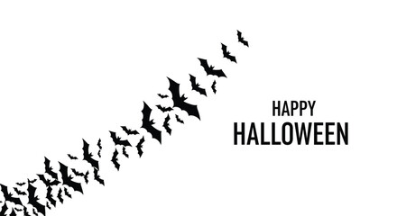 Obraz premium Trail of black bats flying diagonally across a white background with the text happy halloween in black font.