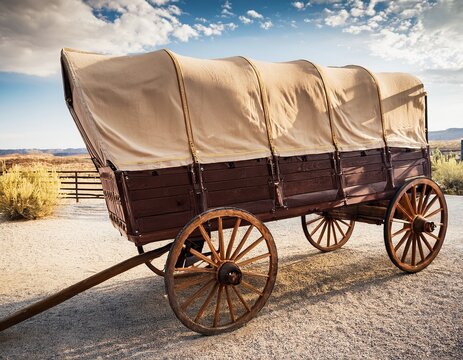 vintage wooden covered wagon n old west pioneer carriage with canvas roof