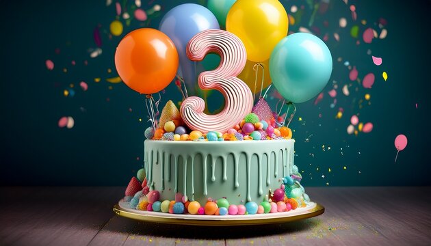 whimsical 3rd birthday cake with balloons drip icing and colorful decorations