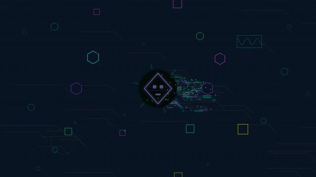 Dynamic motion featuring abstract digital shapes and glowing elements in a futuristic style suitable for technology and science themes.