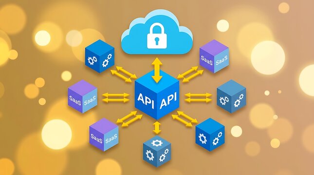 Application programming interface connecting cloud services and software as a service applications, digital network integration and secure data exchange.