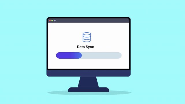 Animated data synchronization interface displayed on desktop monitor with progress bar and cloud transfer icon. Clean flat motion graphic for data syncing, backup, cloud computing, and digital workflo