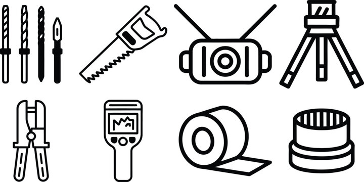 Essential tools for construction and measurement depicted in simple icons