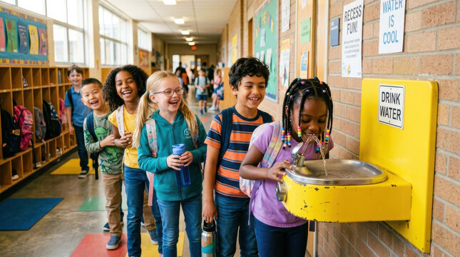 Children school student drinking fountain hallway line elementary schoolchildren line up school hallway for drinking fountain during recess, smiling classmates with backpacks wait beside cubbies