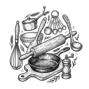 Vector composite image of decorative retro kitchen utensils and cookware on display