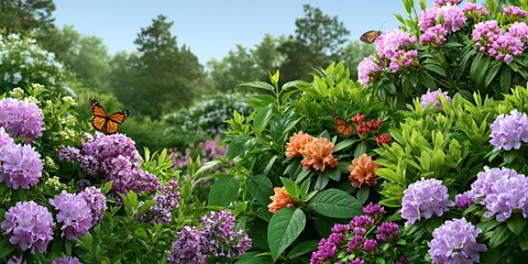 Obraz premium A vibrant garden full of blooming flowers and fluttering butterflies captures the essence of spring, symbolizing renewal, growth, and the beauty of nature's palette.