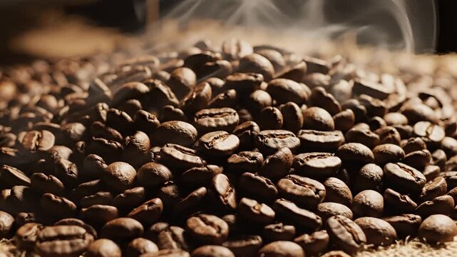 Closeup of Roasted Coffee Beans with Steam Rising 1.
