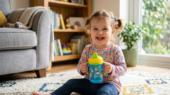 Toddler child girl sippy cup drinking cup smile happy living room home interior sitting toddler girl holding colorful sippy cup and smiling rug bright living room home interior, cozy family