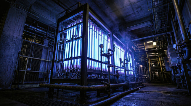 Ultraviolet light purification tube glowing tube industrial equipment water treatment disinfection filtration technology factory pipe ultraviolet purification system inside industrial water