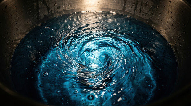 Water swirl vortex blue liquid tank mixing industrial motion bubble, blue liquid swirling metal tank forming vortex, industrial mixing process with bubbles and ripples, closeup texture with