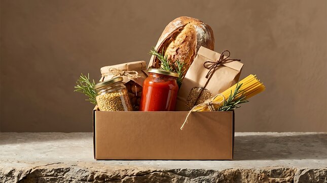 Food hamper gift box with bread pasta sauce jars and rosemary sprigs on stone table.