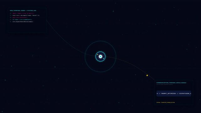 Futuristic digital motion graphic depicting a high-tech interface with animated circular elements and dynamic data visualization for modern technology themes.