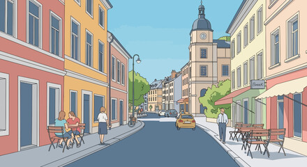 Charming European Street Scene with Colorful Buildings, Cafe and Pedestrians © Kibul