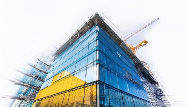 modern architectural concept of a glass office building under construction with a blend of design sketch and vibrant blue and yellow facades against a clean white background