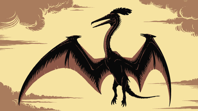 Vintage pterodactyl dinosaur illustration, prehistoric flying reptile silhouette in retro woodcut style, sepia tone pterosaur vector art