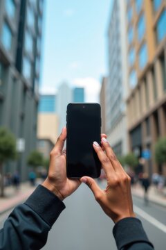 Imagen editorial, manos sosteniendo un tel&eacute;fono al aire libre en una calle de la ciudad, edificios
