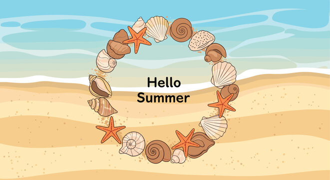 Relaxing tropical beach background featuring a circular frame made of seashells and starfish with hello summer text.