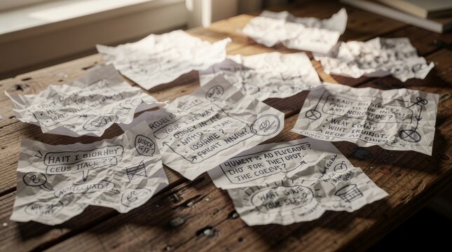 Crumpled Paper Notes with Ideas Scattered on a Wooden Table