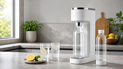 Sparkling water maker with blank bottles on counter