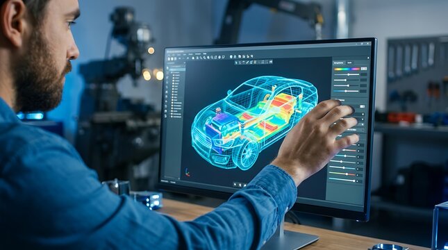 Engineer analyzing digital 3d car model on computer screen showing internal components and chassis optimization with color heatmap data for automotive design and simulation.