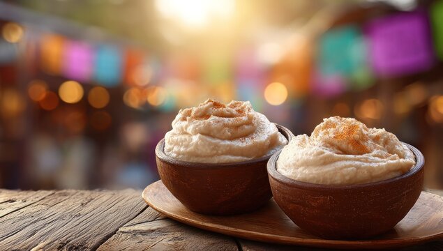 Two servings of creamy dip garnished with spice rest upon a rustic wooden surface outdoors