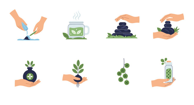 Comprehensive collection of wellness and spa icons featuring hand treatments, herbal tea, relaxing stones, plant care, and natural medicine themes.