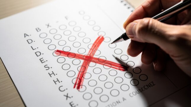 Hand marking a red cross on an exam paper with multiple choice options